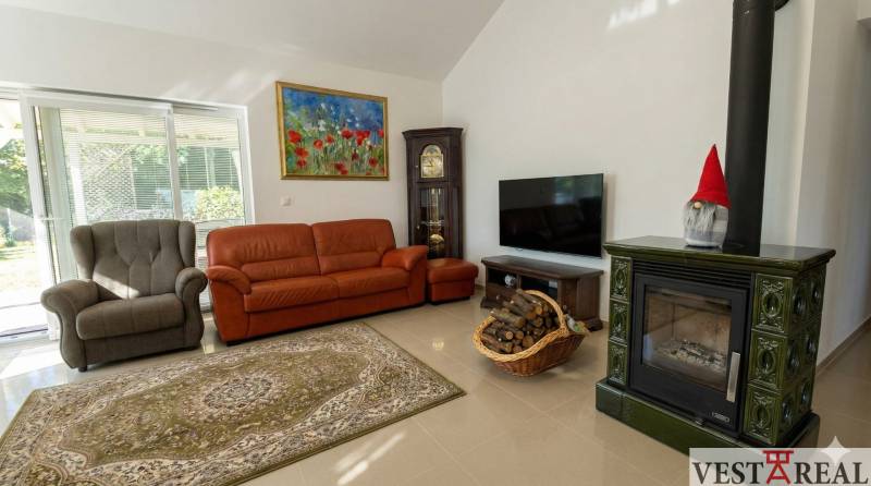 Rodinný dom s krbom, červenou sedačkou a obrazom na stene..jpg