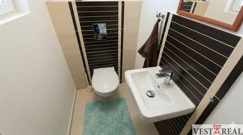 Kúpeľňa v rodinnom dome s toaletou, umývadlom a zeleným koberčekom..jpg