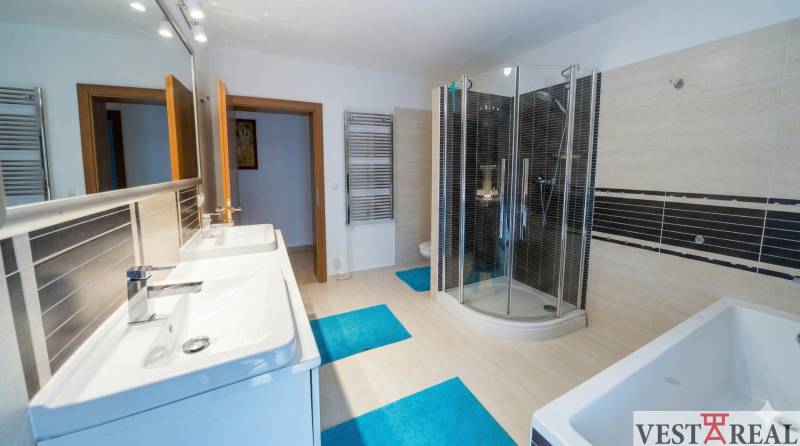 Kúpeľňa s dvomi umývadlami, sprchovým kútom a zrkadlom v rodinnom dome..jpg