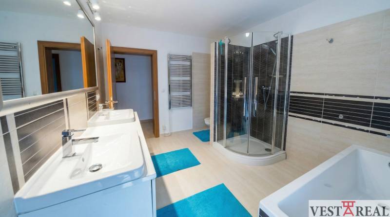 Kúpeľňa s dvomi umývadlami, sprchovým kútom a zrkadlom v rodinnom dome..jpg