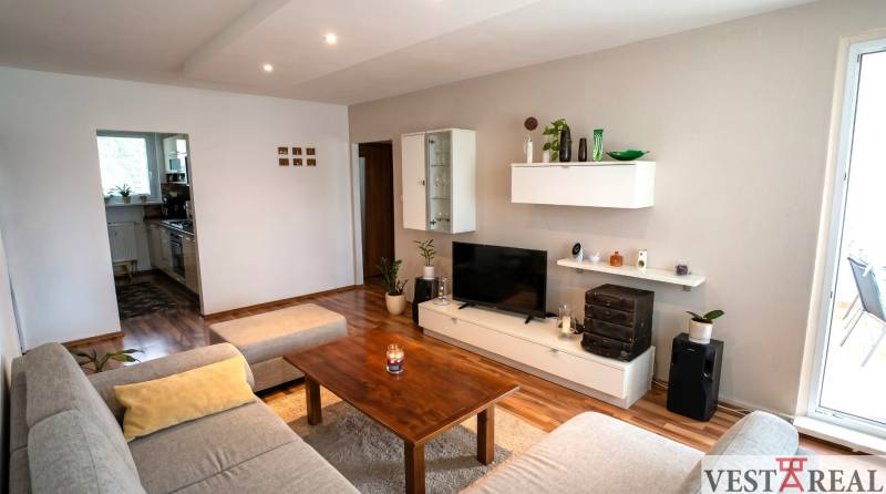 Obývačka v 3-izbovom byte s podlahou s dreveným dekorom, pohovkou a televízorom.